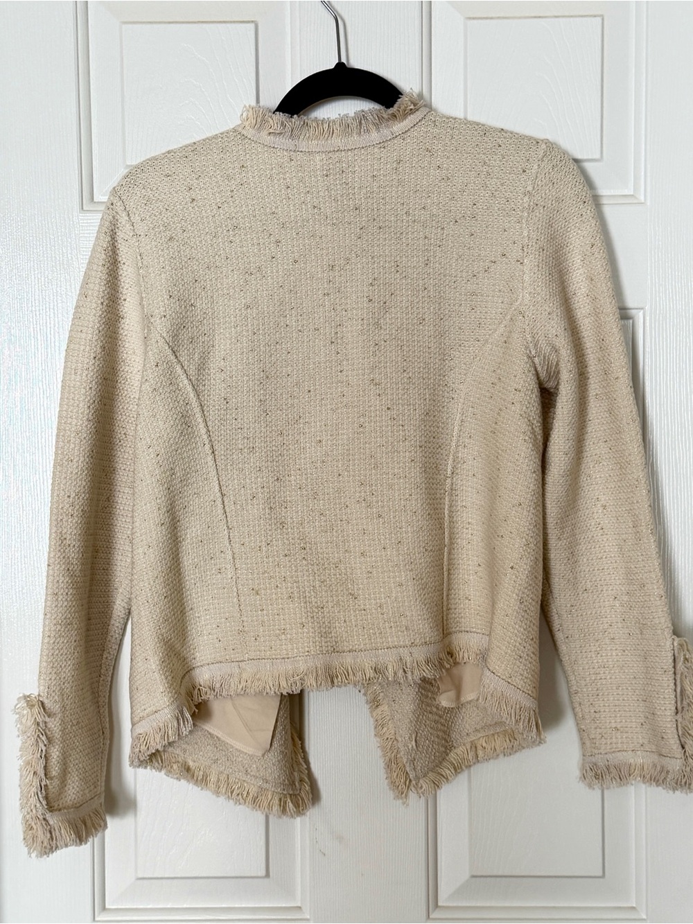 NIC+ZOE Cream Fringe Open Front Tweed Knit Jacket Medium Metallic Zip Pockets - Picture 5 of 8